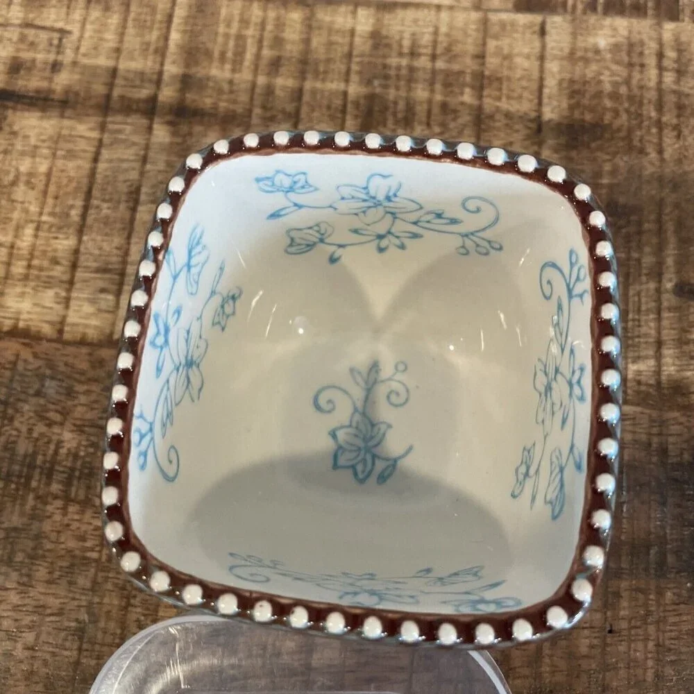 Temptations Blue Floral Lace square ramekin Square Teal Plastic Lid Small Bowl